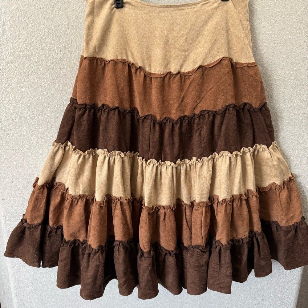 Lulumari Boho Tiered Midi Skirt L Brown Cream Grommet Y2K Western - Picture 3 of 9